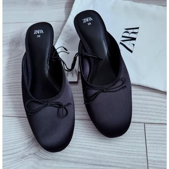 ZARA Embellished Bow Detail Mules NWT – Black Satin Heeled Slides, Sz 7.5 - Picture 7 of 16